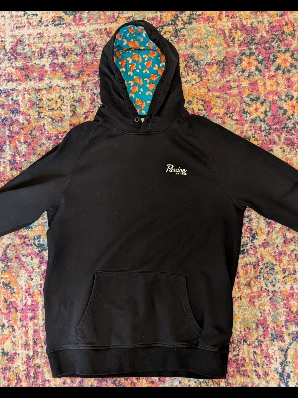 Pardon My Take BARSTOOL Hoodie with Teal and Orange Fish-Print Hood Lining